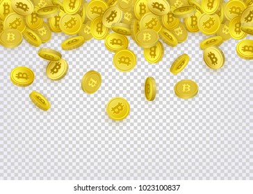 Bitcoin, cryptocurrency banner, flyer template with many golden coins falling down, vector illustration on background. Bitcoin banner template - coins with capital letter B sign falling down