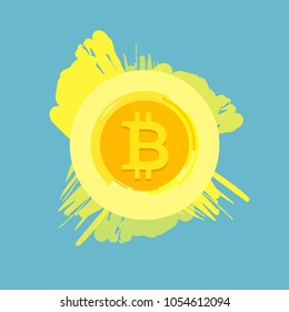 Bitcoin cryptocurrency block chain abstract flat symbol on blue geometric background. Bitcoin logo. Virtual money. Vector illustration