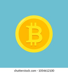 Bitcoin cryptocurrency block chain flat symbol on blue geometric background. Bitcoin logo. Virtual money. Vector illustration