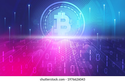 Bitcoin cryptocurrency blockchain abstract background concept, Digital technology banner pink blue background binary code, abstract tech big data, BTC digital crypto currency, coin illustration vector