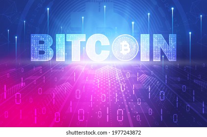 Bitcoin cryptocurrency blockchain abstract background concept, Digital technology banner pink blue background binary code, abstract tech big data, BTC digital crypto currency, coin illustration vector
