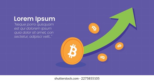 Bitcoin cryptocurrency and blockchain network growth or up trend arrow vector illustration. Crypto currency exchange or trading profit concept background.