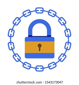 Bitcoin, cryptocurrency and blockchain system, isolated icon vector. Money transfer and network validation, lock and chain symbol. Digital currency mining, online business and modern technologies