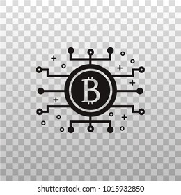 Bitcoin cryptocurrency  with blockchain technology abstract symbols. Black silhouette icon of bit coin currency on transparent background. Vitrtual or internet money symbol, image, emblem, element.
