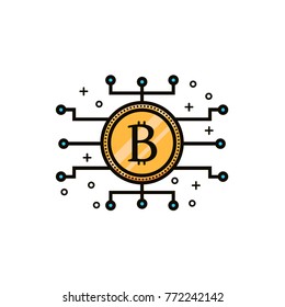 Bitcoin cryptocurrency  with blockchain technology abstract symbols. Flat color line icon of gold bit coin currency on isolated background. Vitrtual or internet money symbol, image, emblem, element.