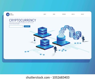 Bitcoin, cryptocurrency and blockchain technology, bannerLanding page concept. Web page 3d isometric.business vector illustration concept.header website flat design Eps10