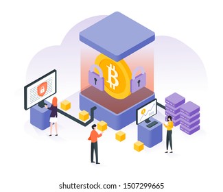Bitcoin, cryptocurrency and blockchain technology in flat isometric with group of people working on computer. Digital money currency concept