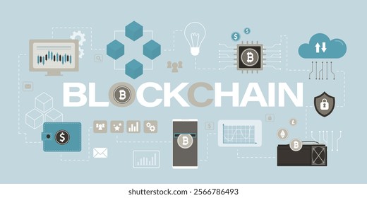 Bitcoin, cryptocurrency and blockchain technology, gadgets connected to crypto financial network. Crypto marketplace of bitcoin mining farm. Digital cloud network for crypto currency. Infographic.