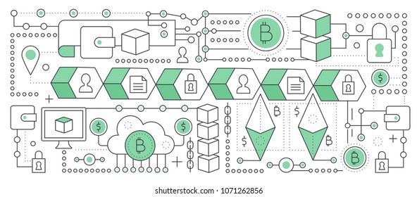 Bitcoin, cryptocurrency and blockchain technology. Blockchain global network transaction chain. Flat line vector illustration.
