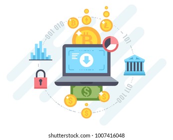 Bitcoin cryptocurrency and blockchain technology laptop connected and network of concepts