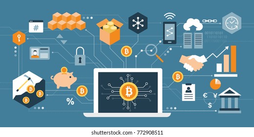 Bitcoin, cryptocurrency and blockchain technology: laptop connected to a network of concepts