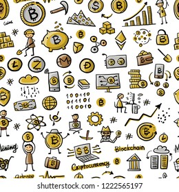 Bitcoin, cryptocurrency and blockchain technology, seamless pattern for your design