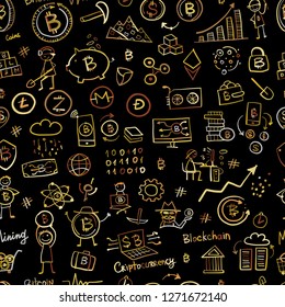 Bitcoin, cryptocurrency and blockchain technology, seamless pattern for your design