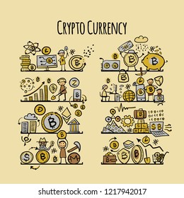 Bitcoin, cryptocurrency and blockchain technology, set of icons on shelves for your design