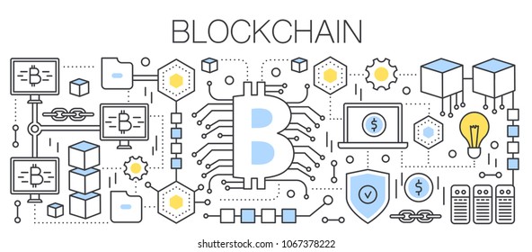 Bitcoin, cryptocurrency and blockchain technology. Bitcoin sign connected to a global network. Flat line vector illustration.