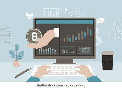 Bitcoin, cryptocurrency and blockchain technology. Trader analyzes crypto market chart. Market analytics and trading strategy. Global stock exchanges index. Global cryptocurrency transactions, p2p.