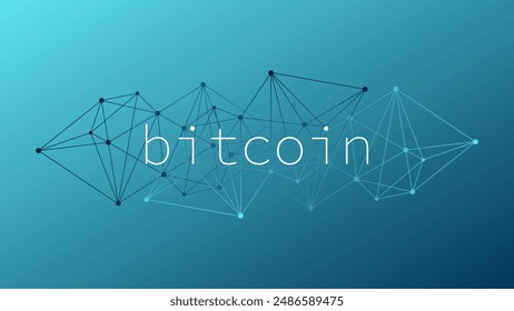 Bitcoin cryptocurrency. Blockchain technology. Virtual money icon for business, finance, digital global trade, payment, worldwide, exchange. Blue gradient background. Low poly vector network pattern