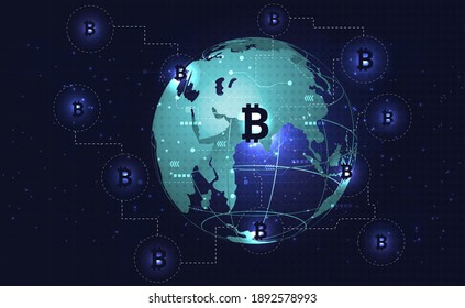 Bitcoin (Cryptocurrency) Blockchain Technology.Bitcoin digital currency. Bitcoin network sketch on earth globe at Blue background. Vector illustration