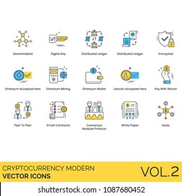 Bitcoin, cryptocurrency, blockchain vector icon set. Decentralized, digital key, distributed ledger, mining, wallet, litecoin, peer p2p, smart contract, consensus modular protocol, white paper, node.