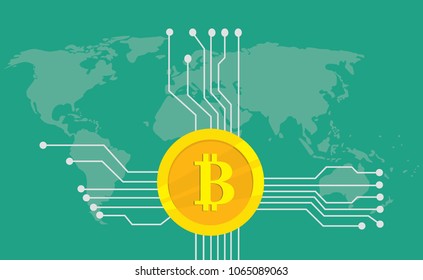 bitcoin cryptocurrency brand icon option with golden coin and electronic point with world map background