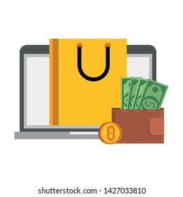 Bitcoin cryptocurrency buy online from laptop and wallet symbols vector illustration graphic design