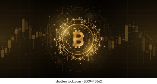 Bitcoin cryptocurrency with candlestick price pattern background. Digital coin BTC for banner, website or presentation. Futuristic business concept. Blockchain for graphic design. Vector illustration