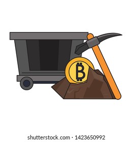 Bitcoin cryptocurrency carrier and mining pick with coin in rocks vector illustration graphic design