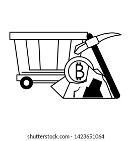 Bitcoin cryptocurrency carrier and mining pick with coin in rocks vector illustration graphic design