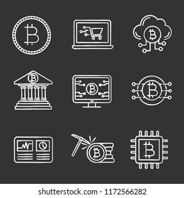 Bitcoin cryptocurrency chalk icons set. Coin, online shopping, cloud mining, banking, bitcoin webpage, hashrate, CPU mining, cryptocurrency. Isolated vector chalkboard illustrations