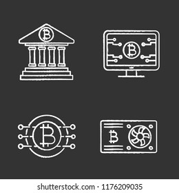Bitcoin cryptocurrency chalk icons set. Online banking, bitcoin official web page, graphic card, CPU mining. Isolated vector chalkboard illustrations