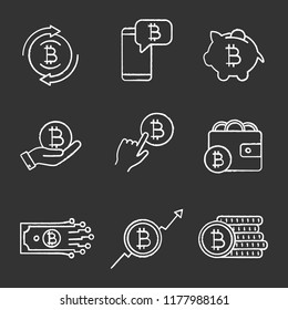 Bitcoin cryptocurrency chalk icons set. Bitcoin exchange, cryptocurrency chat, piggy bank, pay per click, wallet, digital money, market growth, coins stack. Isolated vector chalkboard illustrations