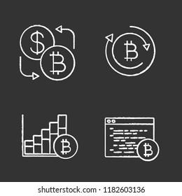 Bitcoin cryptocurrency chalk icons set. Currency exchange, bitcoin refund, market growth chart, mining software. Isolated vector chalkboard illustrations