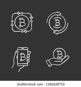 Bitcoin cryptocurrency chalk icons set. Fintech, bitcoin refund, digital wallet, coin in hand. Isolated vector chalkboard illustrations