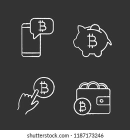 Bitcoin cryptocurrency chalk icons set. Bitcoin chat, piggy bank, cryptocurrency payment click, digital wallet. Isolated vector chalkboard illustrations