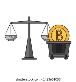 Bitcoin cryptocurrency coin in cart and weight balance vector illustration graphic design