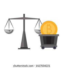 Bitcoin cryptocurrency coin in cart and weight balance vector illustration graphic design