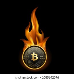 Bitcoin Cryptocurrency Coin On Fire Background