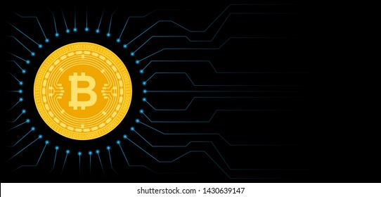 Bitcoin cryptocurrency coin symbol. Blockchain technology. Gold Bitcoin on black circuit board background. Vector illustration