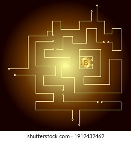 Bitcoin cryptocurrency coin symbol. Blockchain technology. Gold bitcoin on background of printed circuit board in form of maze. Line art. Vector illustration