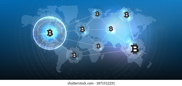 Símbolo de moneda de criptografía de Bitcoin. Moneda criptográfica, electrónica virtual, dinero de internet. Símbolo de pago. Fondo conceptual de Bitcoin con luces eléctricas brillantes azules en color de estilo.