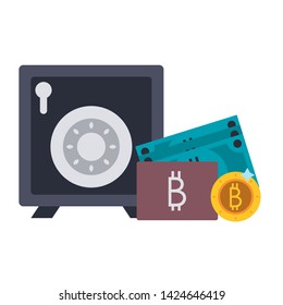 Bitcoin cryptocurrency coin and wallet with strongbox vector illustration graphic design