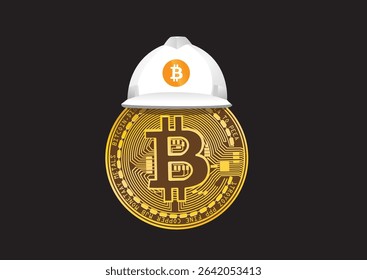 Bitcoin cryptocurrency coin wearing a mining helmet representing digital currency concept in modern finance