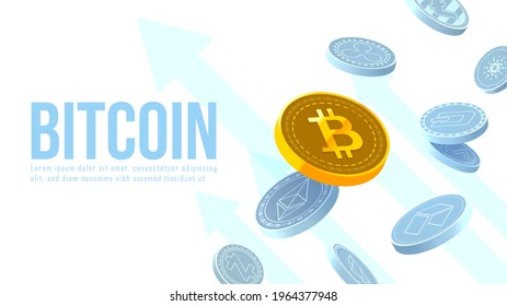 Monedas de criptomoneda de Bitcoin monedas en 3D ilustraciones voladoras con textos , Ilustrador vectorial