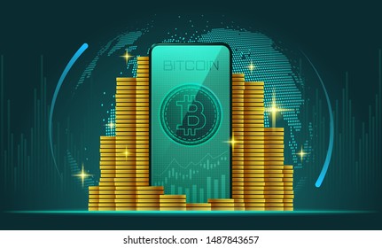 Bitcoin cryptocurrency coins on smarthphone display application with text and indicators, Vector illustrator