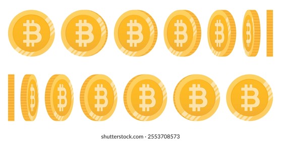 Bitcoin cryptocurrency coins in various perspectives. Set of 3D vector illustration features the iconic Bitcoin symbol prominently from different angles, highlighting its relevance in digital finance