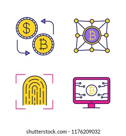 Bitcoin cryptocurrency color icons set. Fingerprint scanning, cryptocurrency software, currency exchange, bitcoin network. Isolated vector illustrations