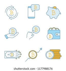 Bitcoin cryptocurrency color icons set. Bitcoin exchange, cryptocurrency chat, piggy bank, pay per click, wallet, digital money, market growth, coins stack. Isolated vector illustrations