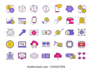 Bitcoin cryptocurrency color icons set. Digital money. Crypto currency. Mining business. Bitcoin trading. Isolated vector illustrations