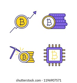 Bitcoin cryptocurrency color icons set. Market growth chart, bitcoin coins stack, mining, microchip. Isolated vector illustrations