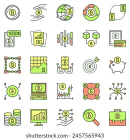 Conjunto de iconos de colores de Bitcoin y Criptomoneda. Signos de concepto de Tecnología criptográfica y Vector de divisas